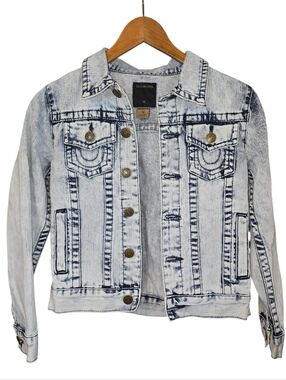True Religion Kids Denim Jimmy Trucker Jacket Acid Wash Rope Stitch Blue Size Sm